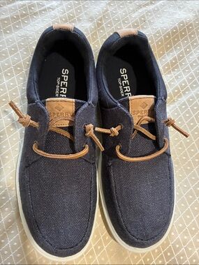 Sperry Women's Navy Canvas Boat Shoe Deck Loafer with Tan Leather Laces Size 8.5